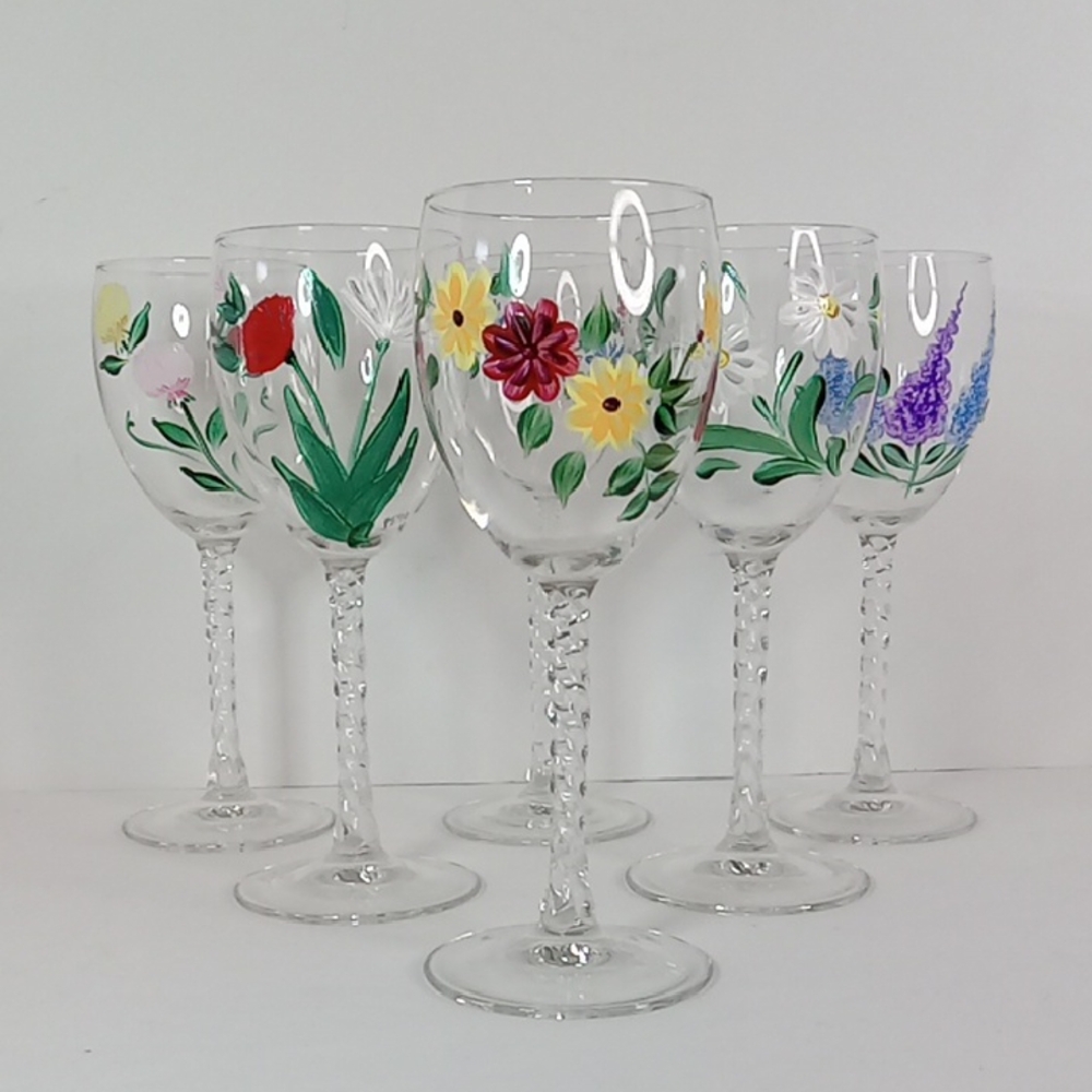 Vintage Hand Painted Twisted Stem Floral Wine Glasses Set Of 6